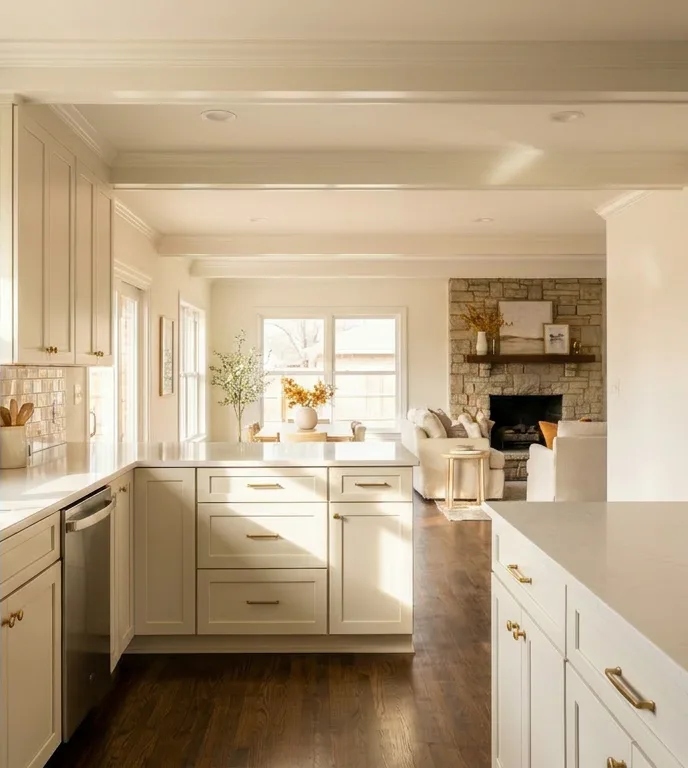 Open kitchen with white shaker cabinets and quartz counters after remodeling