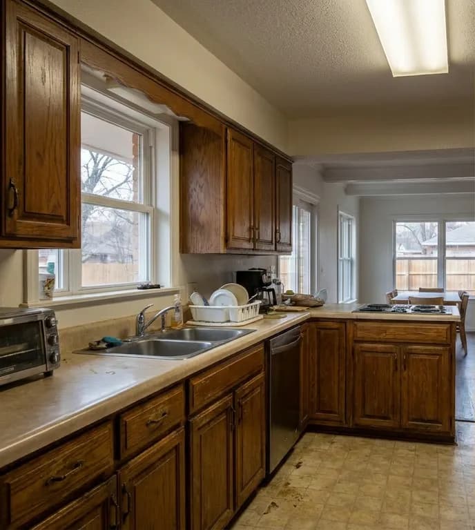 Kitchen with dated oak cabinets and laminate counters before remodeling