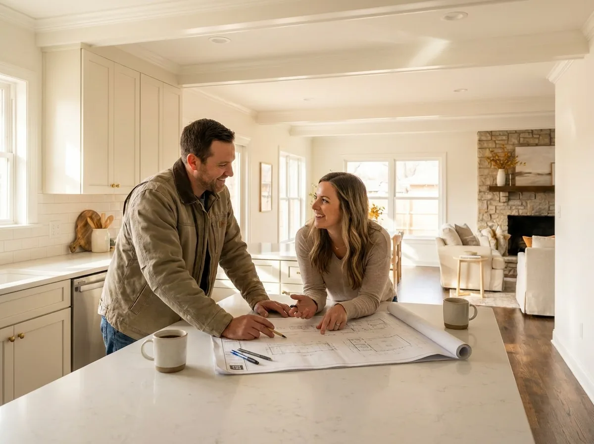 Homeowners reviewing remodeling plans with coffee at their kitchen island