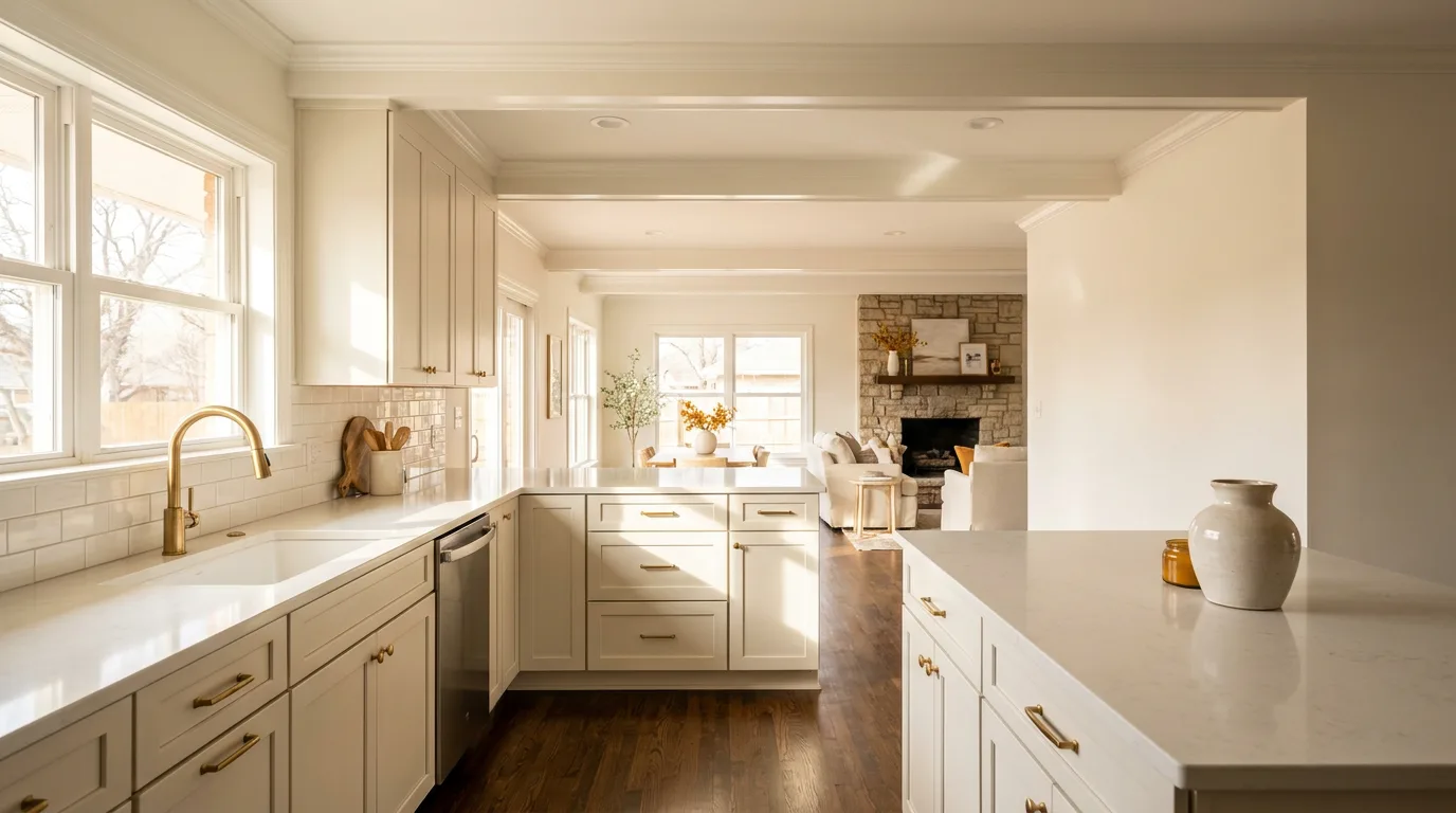 Sunlit remodeled kitchen with cream cabinets and quartz island opening onto a living room