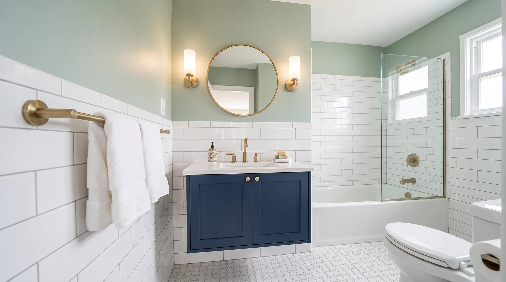 Modern guest bathroom with navy vanity, brass mirror, and white subway tile