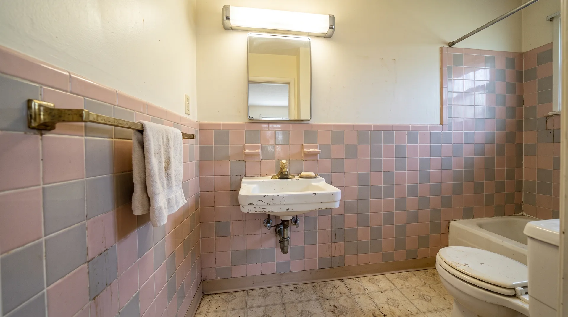 Small dated guest bathroom with pink and gray tile before renovation