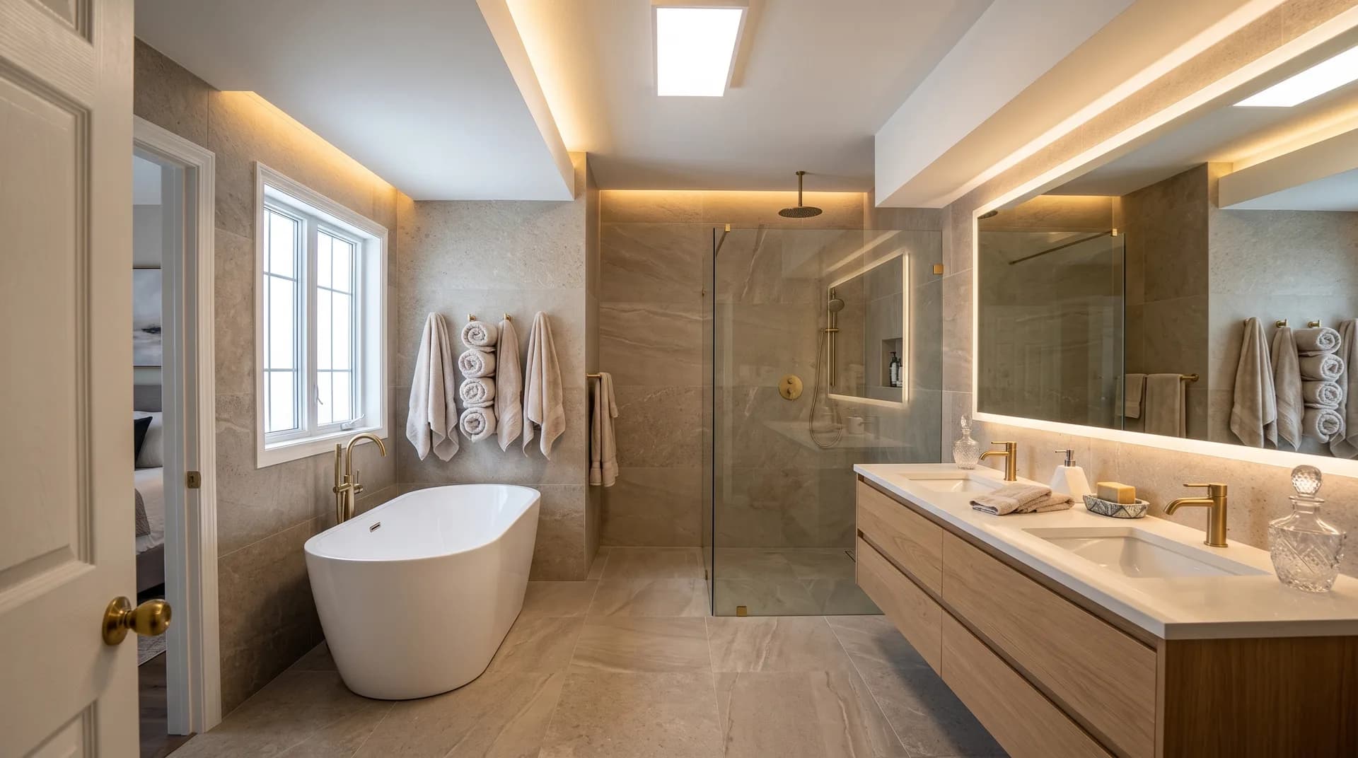 Spa-style bathroom with freestanding tub, glass walk-in shower, and oak vanity