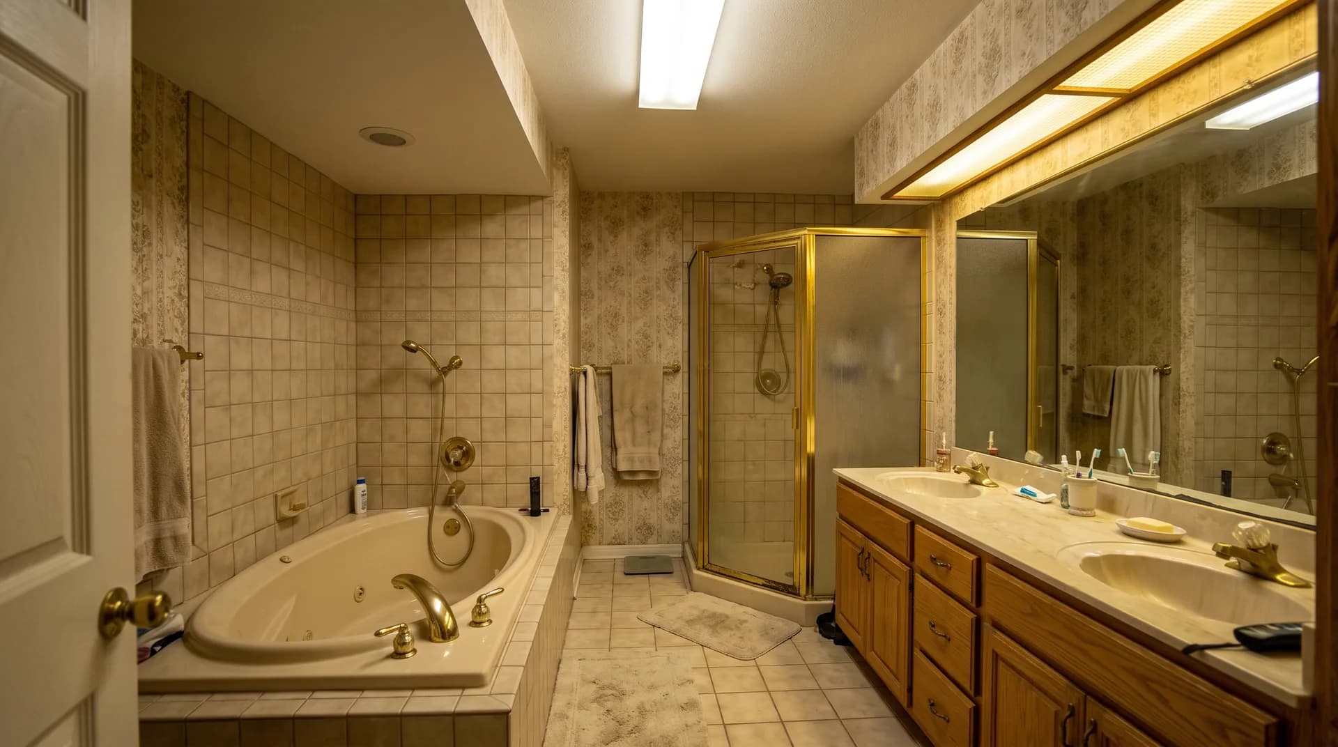 Dated 1980s bathroom with almond garden tub and brass fixtures before remodeling