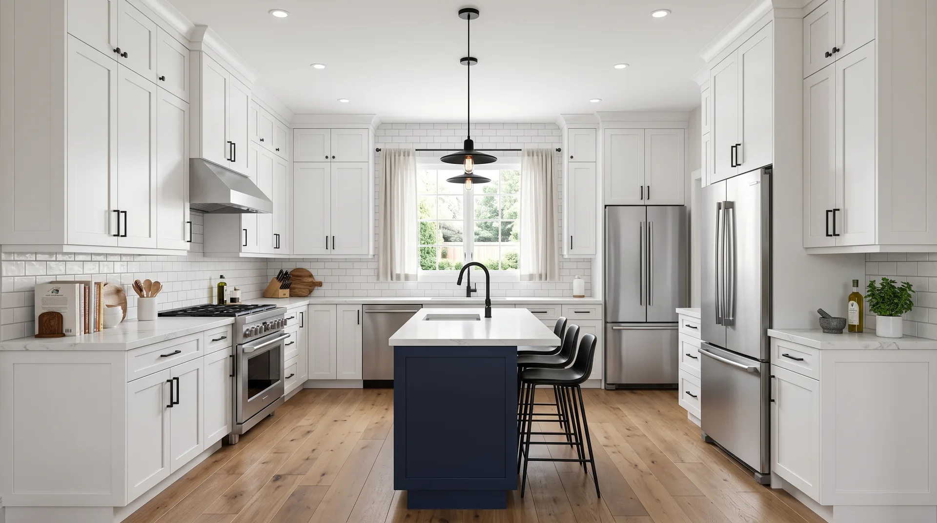 Remodeled kitchen with white shaker cabinets, navy island, and quartz counters