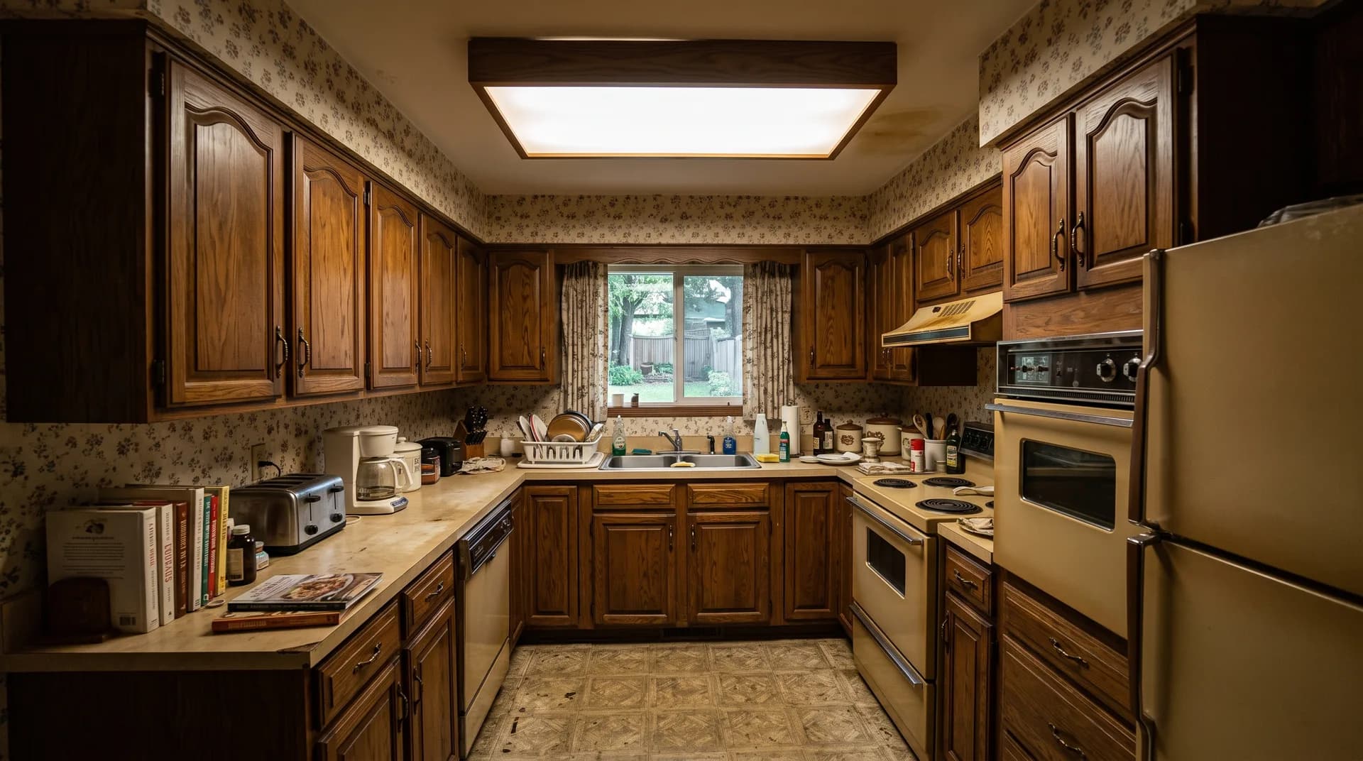 Cramped 1980s kitchen with honey oak cabinets and laminate counters before remodeling