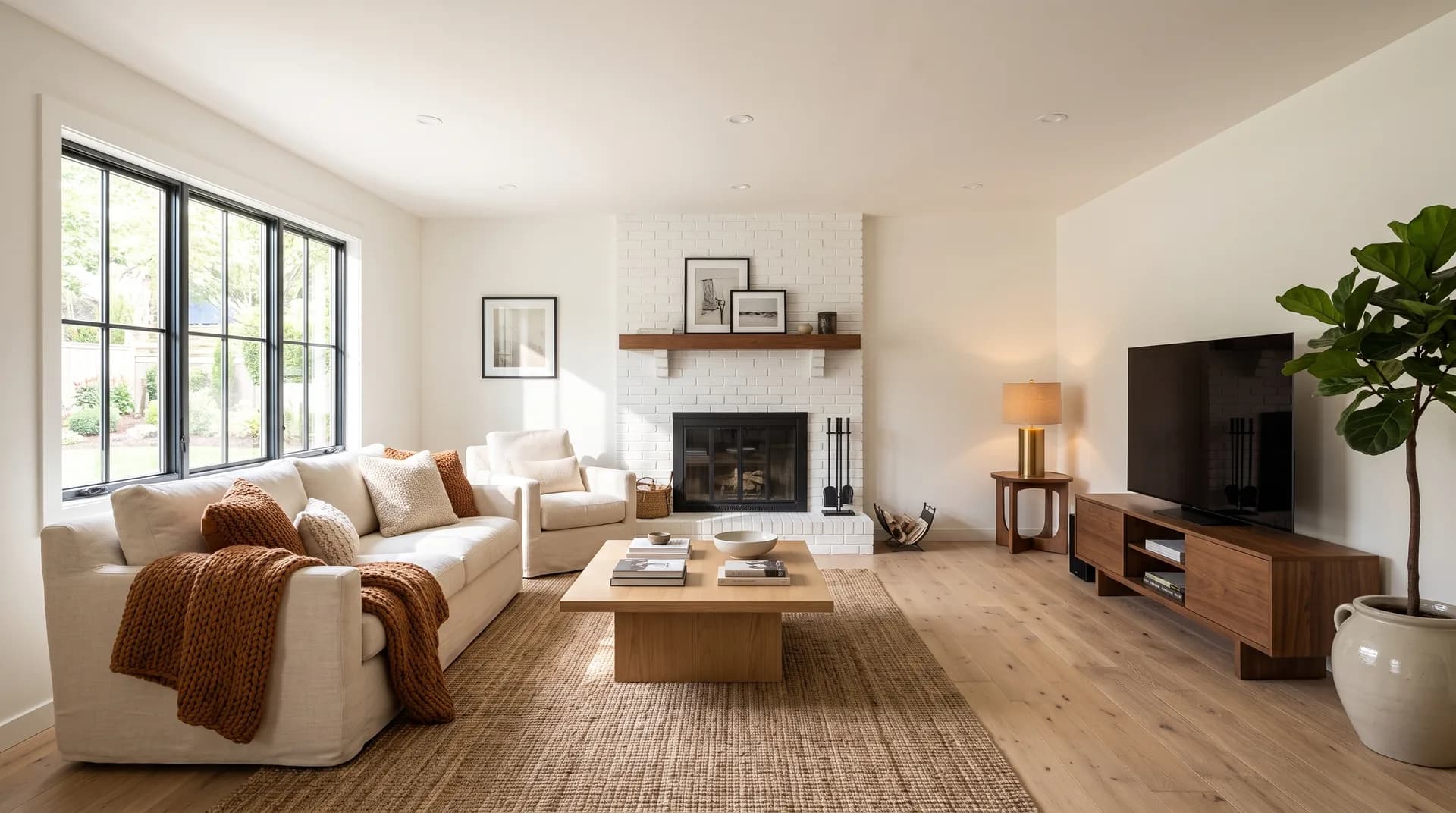 Bright remodeled living room with hardwood floors, white fireplace, and recessed lighting