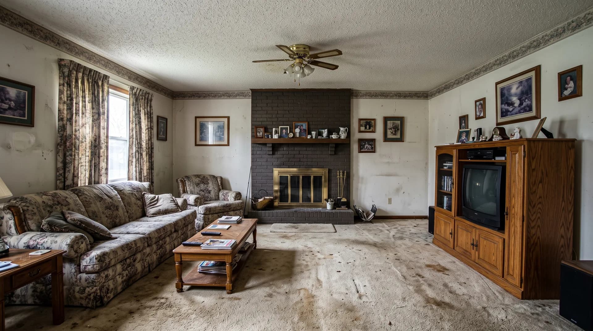 Dated living room with worn carpet, popcorn ceiling, and dark fireplace before remodeling