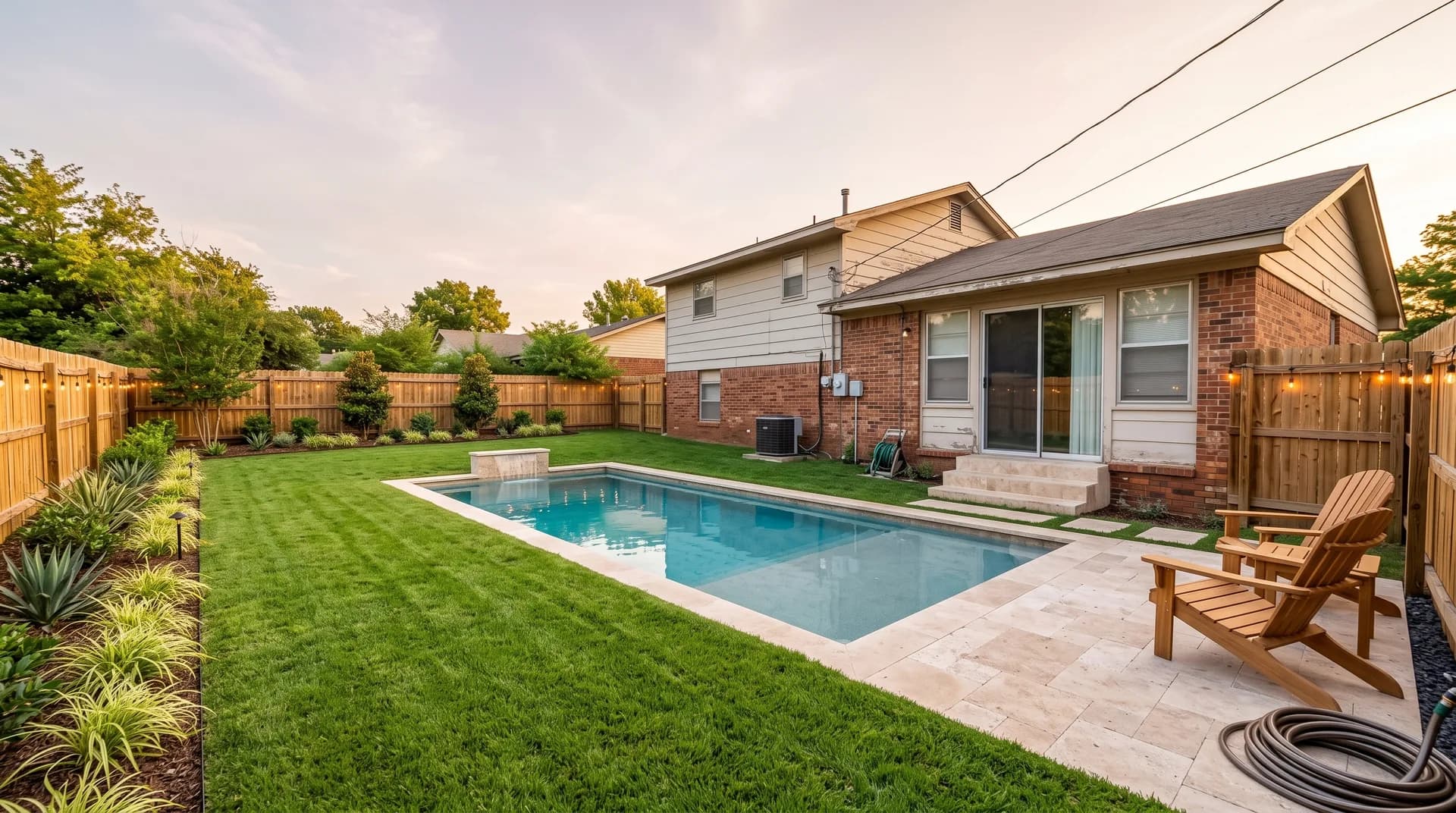 New gunite pool with travertine patio, green lawn, and landscape lighting after renovation