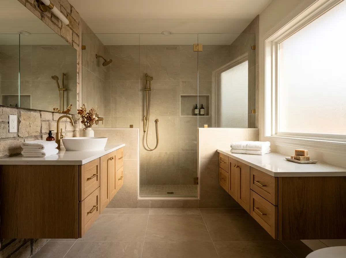 Spa-style bathroom remodel with floating oak vanities, a glass walk-in shower, and brass fixtures