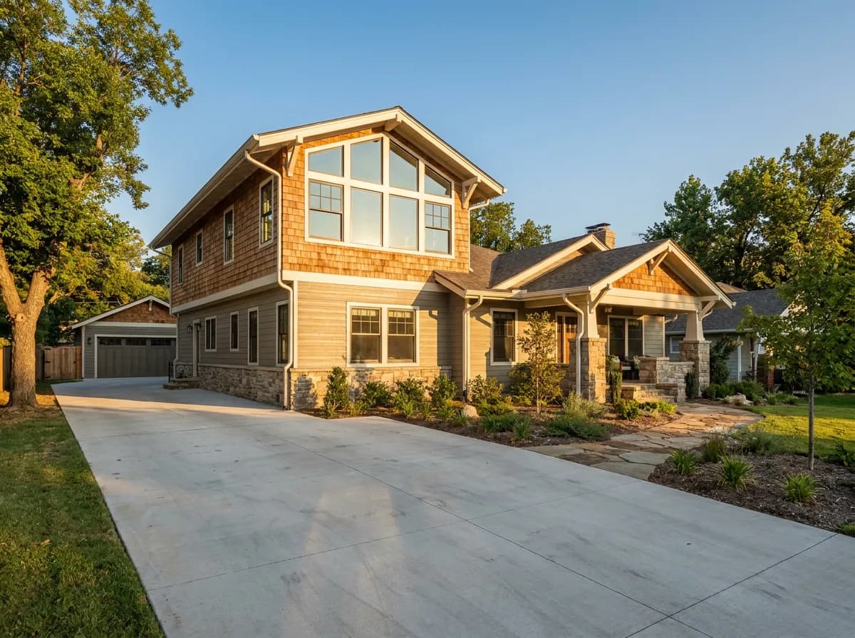 Two-story home addition with cedar shingle siding and a large picture window above a craftsman bungalow