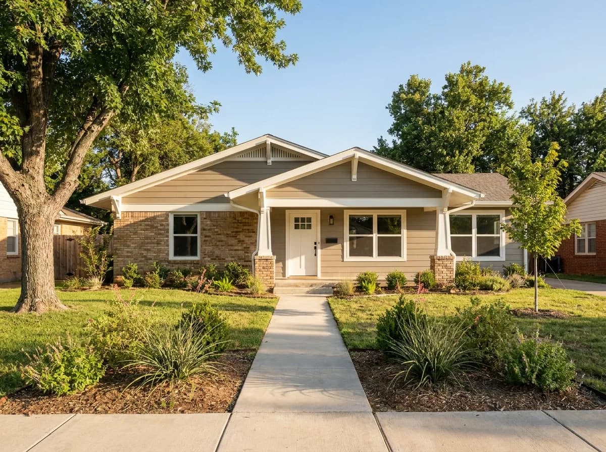 Freshly painted craftsman bungalow exterior with brick accents and landscaped front yard