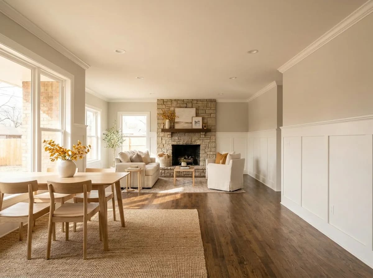Freshly painted living and dining room with white wainscoting and a stone fireplace