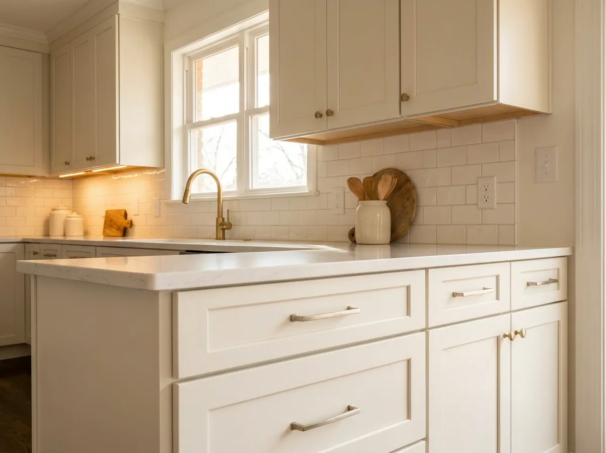 Remodeled kitchen with cream shaker cabinets, white quartz countertops, and a brass faucet