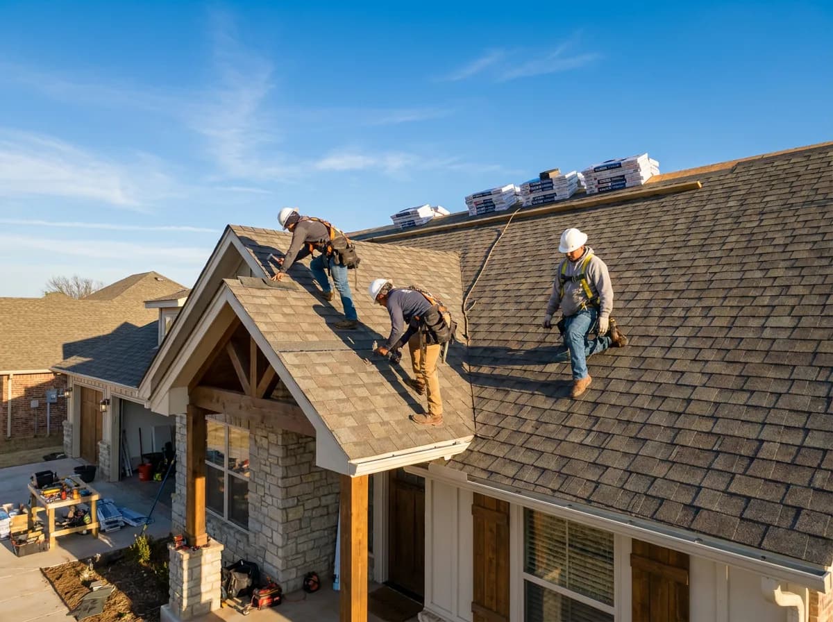 Roofing crew in safety harnesses installing new architectural shingles under a blue sky